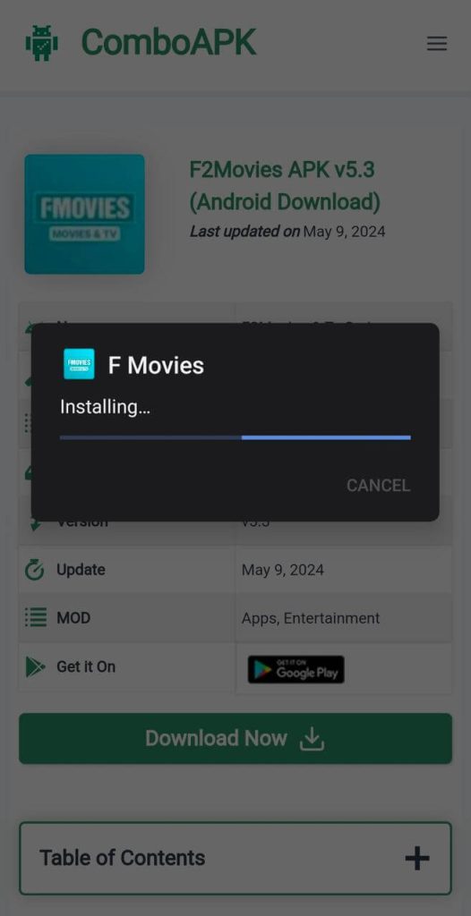 F2Movies Apk Installed