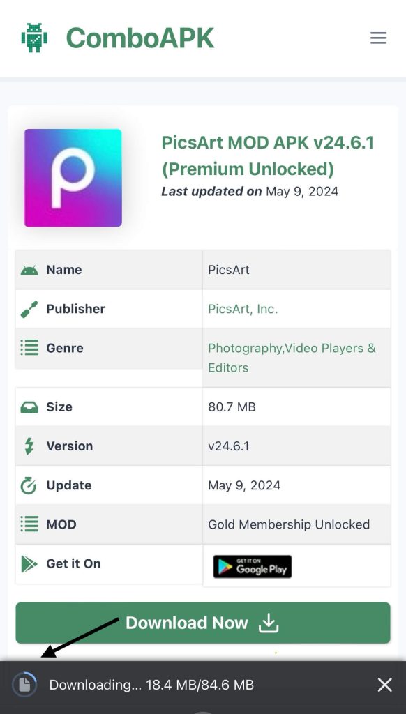 PicsArt Mod Apk Download Start